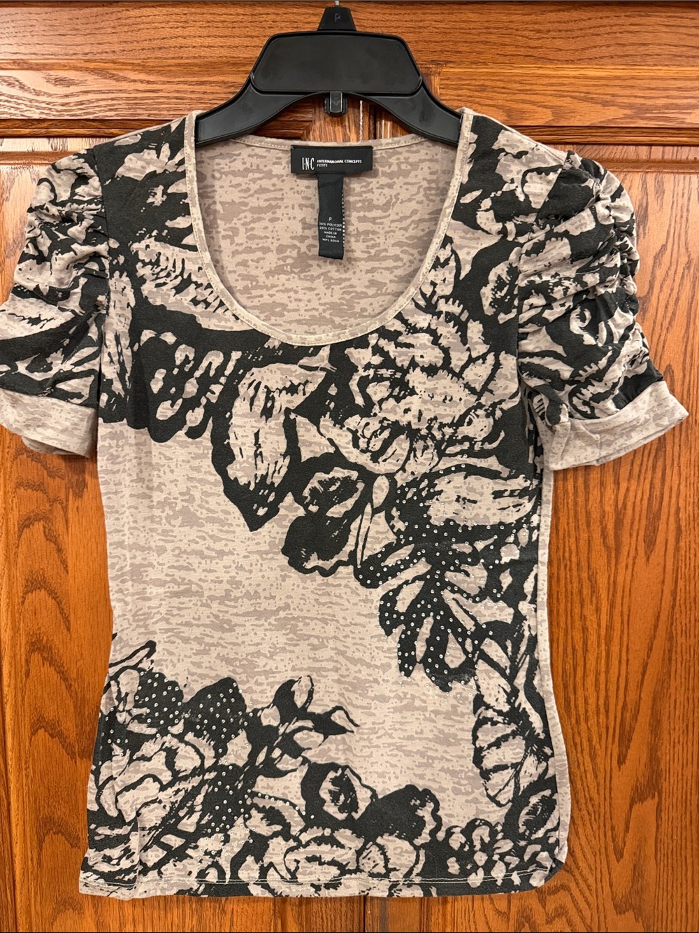 INC International Concepts Taupe & Black Floral Scoop Neck Top with Puff Sleeves